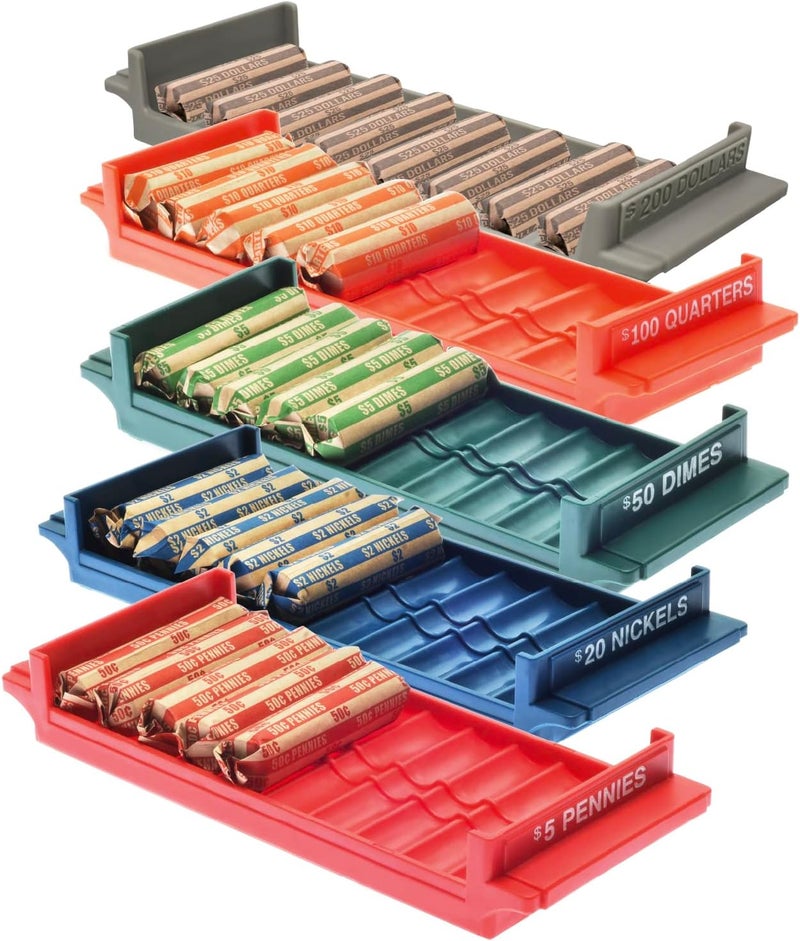 Nadex Rolled Coin Storage Organizer 5 Tray Set with Ridges for Loose Coins | Dollar, Quarters, Dimes, Nickles, and Penny Color Coded Trays - Image 1